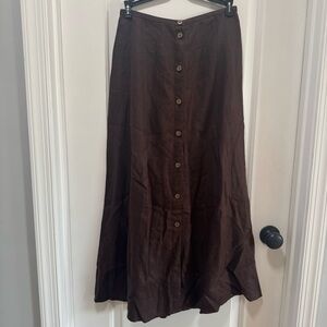 Eddie Bauer size 6 100% Linen Midi Skirt Chocolate Brown Button Front A-Line